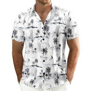 Men White Floral Cotton Button Down Short Sleeve Hawaiian Casual Shirt